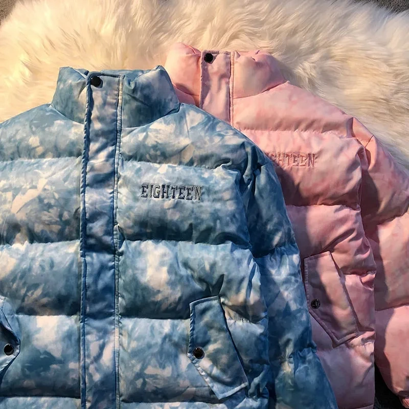 

Розовая хлопковая куртка Tie-dye, зимние женские парки, теплая утолщенная уличная одежда в Корейском стиле Харадзюку, винтажная кавайная верхн...