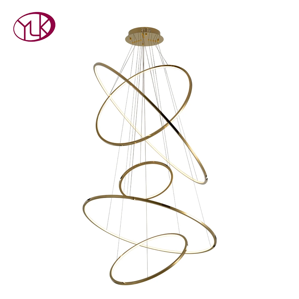 

Modern gold led chandelier for staircase large ring stainless steel light fixture brief villa hall lobby decoration lighting