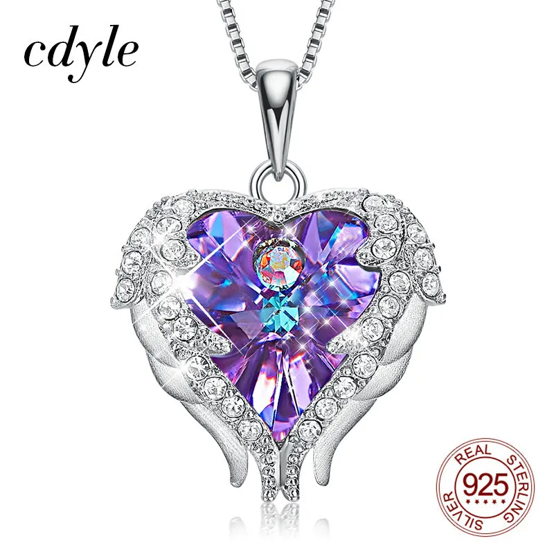 

Cdyle модное женское ожерелье из стерлингового серебра 925 пробы с фиолетовым кристаллом Крылья ангела, кулон в виде сердца, вечерние ожерелья, ...