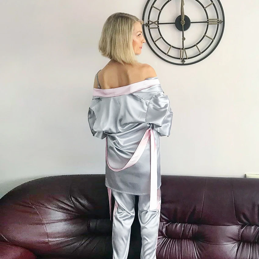 Suphis Splicing Long Sleeve Women Robes Pants Summer Sleepwear Lace Up Patchwork Satin Pajamas Sets Two Piece Casual Homewear | Женская