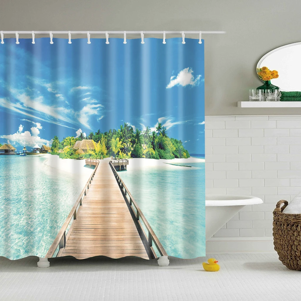 

Modern Sea Beach Scenery Print Shower Curtain Blue Bathroom 3D Blackout Shower Curtain Large 180x200cm for Bathroom Curtain