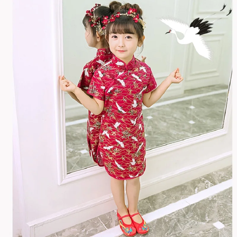 Китайское красное традиционное платье для девочек qipao cheongsam летние хлопковые