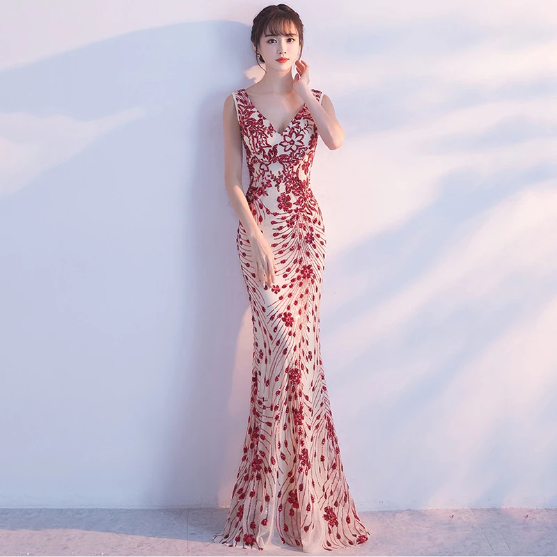 

Mermiad Evening Dress Long V Neck Sequin Formal Evening Gown Robe De Soir E Rouge Party Gown For Women Womens Evening Gowns