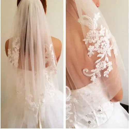 

One Layer White Ivory Lace Applique Wedding Veil Elbow Bridal Veils 2022