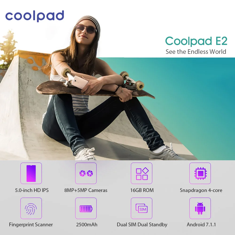 Глобальная версия Coolpad E2 4G мобильный телефон 5,0 дюймов 2 ГБ+ 16 Гб 8 Мп+ 5 Мп Android 7.1.1 2500 мАч разблокированный смартфон с отпечатком пальца