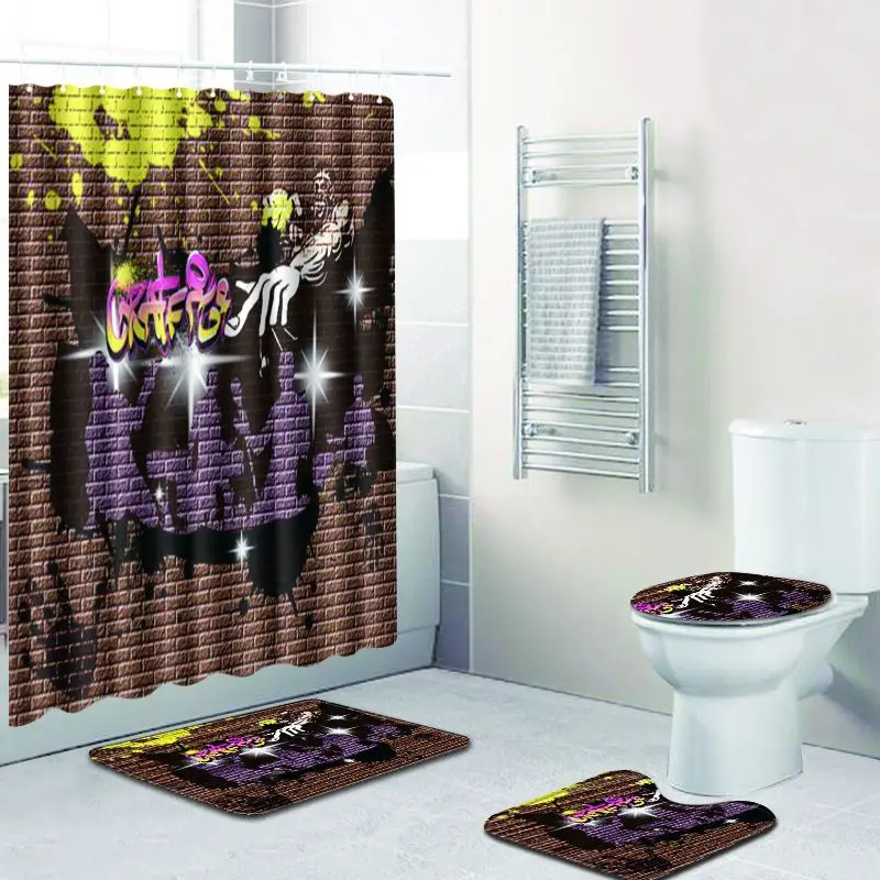 

Zeegle Creative Bath Mat with Shower Curtain Set Toilet Pedestal Rug Anti-Slip Soft Toilet Pedestal Rug Bathroom Set with Hooks