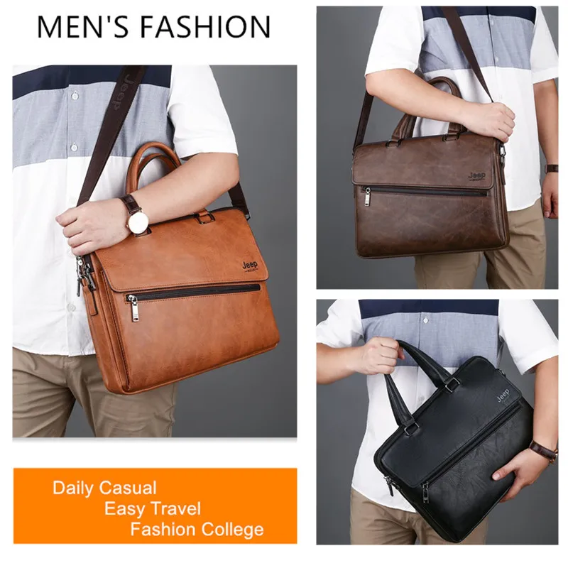JEEP BULUO 14 Inch Laptop Bag Leather File Hot Messenger Bags Men's Briefcase Office Business Tote Bag