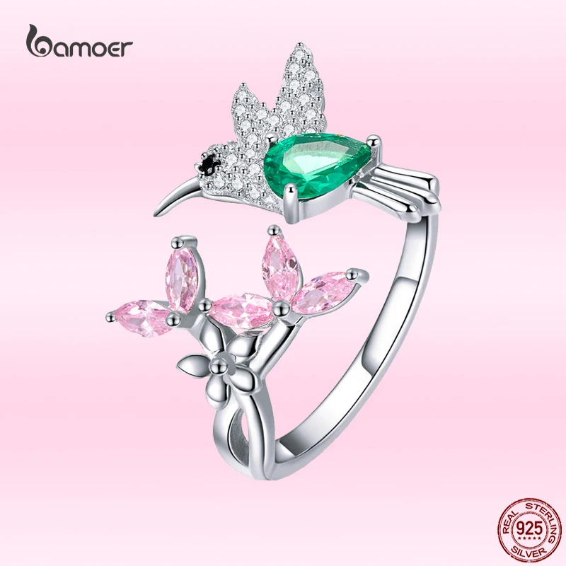 

Bamoer натуральная 925 серебро Колибри Кольца для женщин розового цвета с фианитами (CZ) Регулируемая открытые, кольца на палец изысканные вечерн...