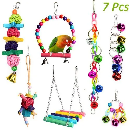 

LHXMAS 7-Piece Set Pet Product Wooden Toy Bird Supply Parrot Bite Bells Chain Hanging Ring Small Balls