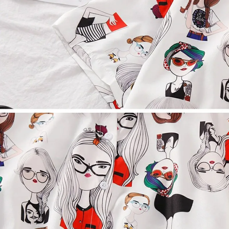 

Summer Women Blouse Casual Retro Summer Shirts Animated Villain Print Slim Short Sleeve Lapel Single Buckle Casual Camisa