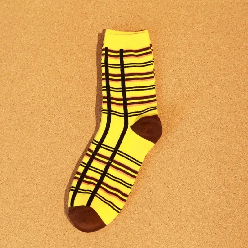 

5 Pairs Mens Autumn Contrast Color Vertical Horizontal Stripes Cotton Crew Socks