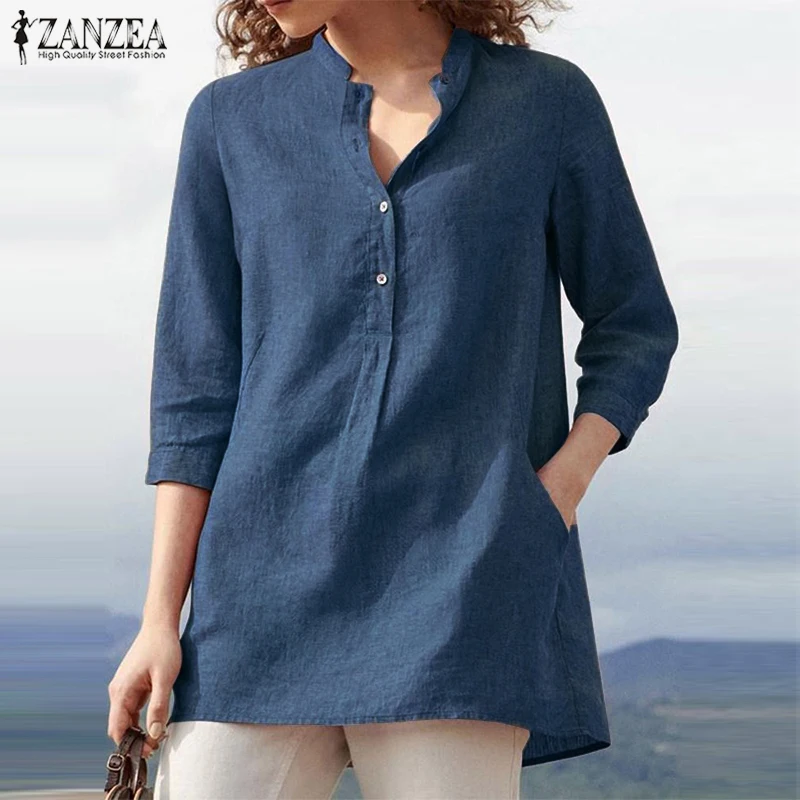

Oversized Tunic Womens Summer Blouse ZANZEA 2021 Elegant Button Shirts Casual Blusas Female V Neck Solid Tops Woman Chemise