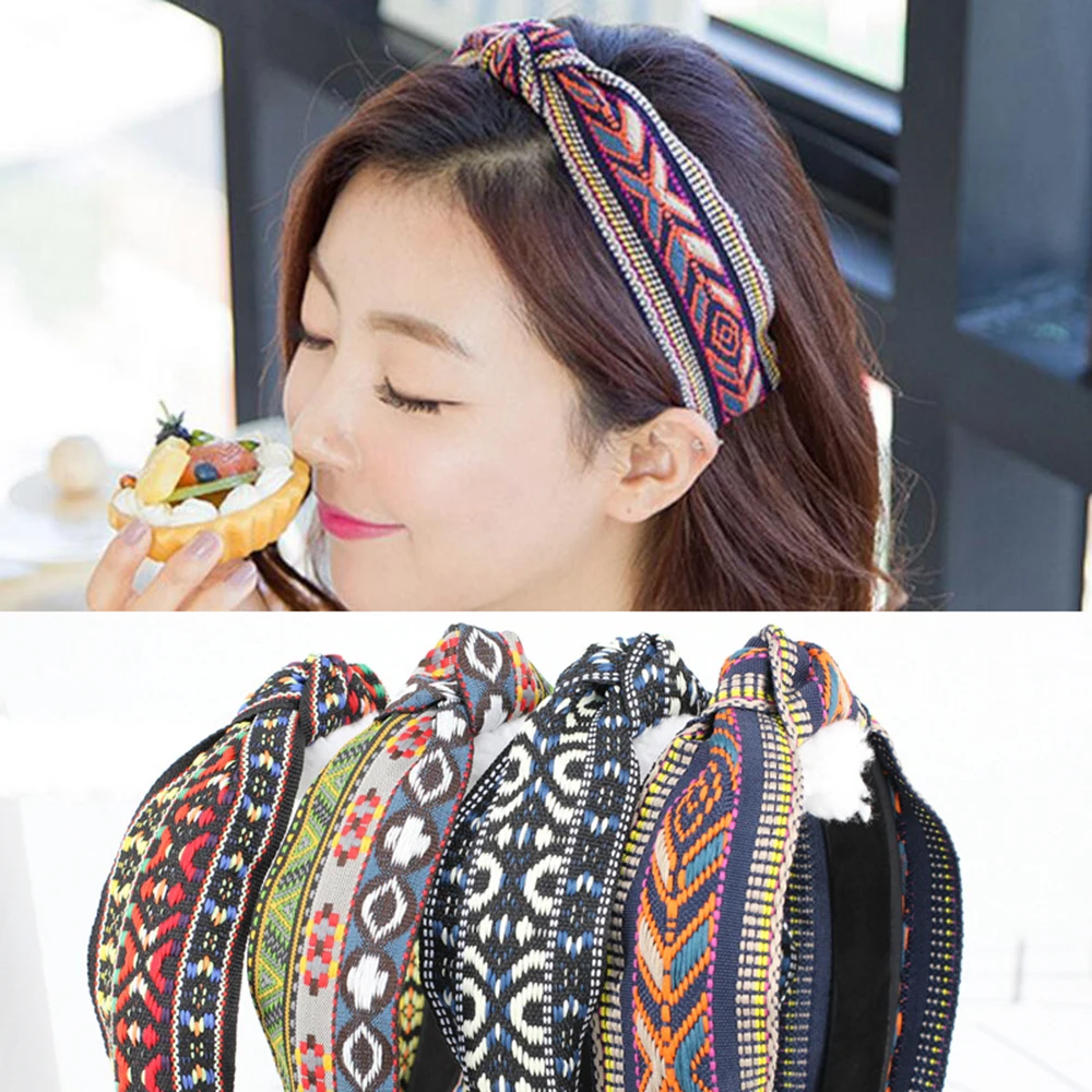 New Girl Boho Hair Hoop Headwear Fabric Printed Bowknot Cross Knot Wide Turban Headband Hairband Accessories Elastic |