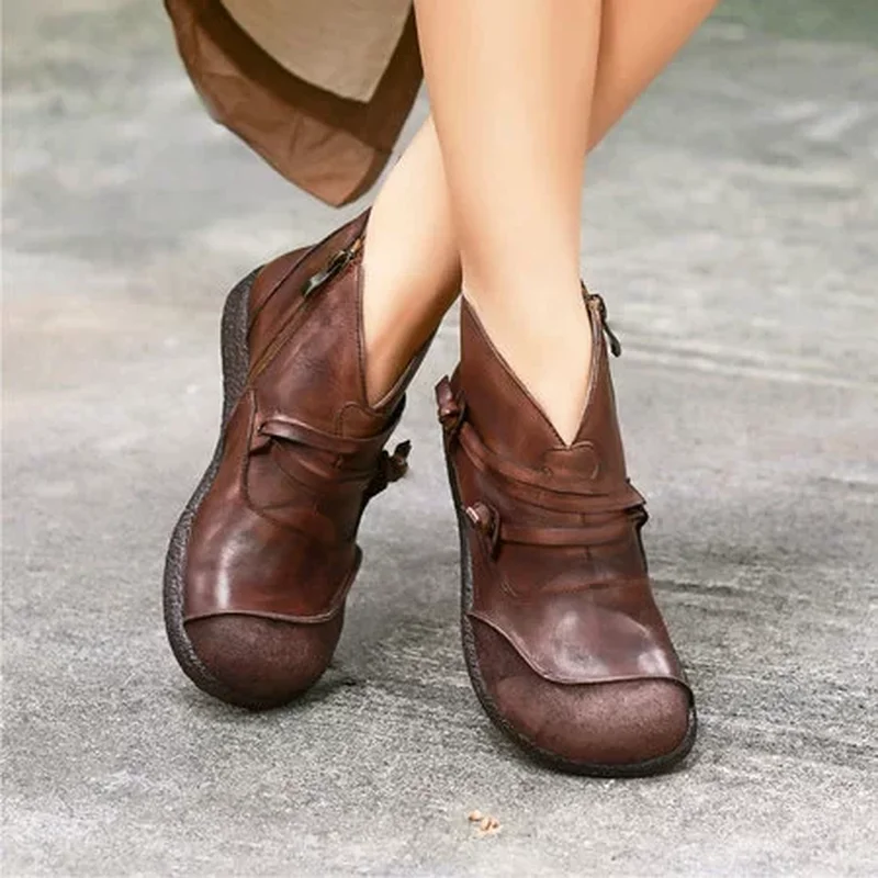 

Ladies Open Leather Ankle Boots Lace-up Boots Retro Style Punk Flat Women's Shoes Comfortable British Style Short Boots 2021