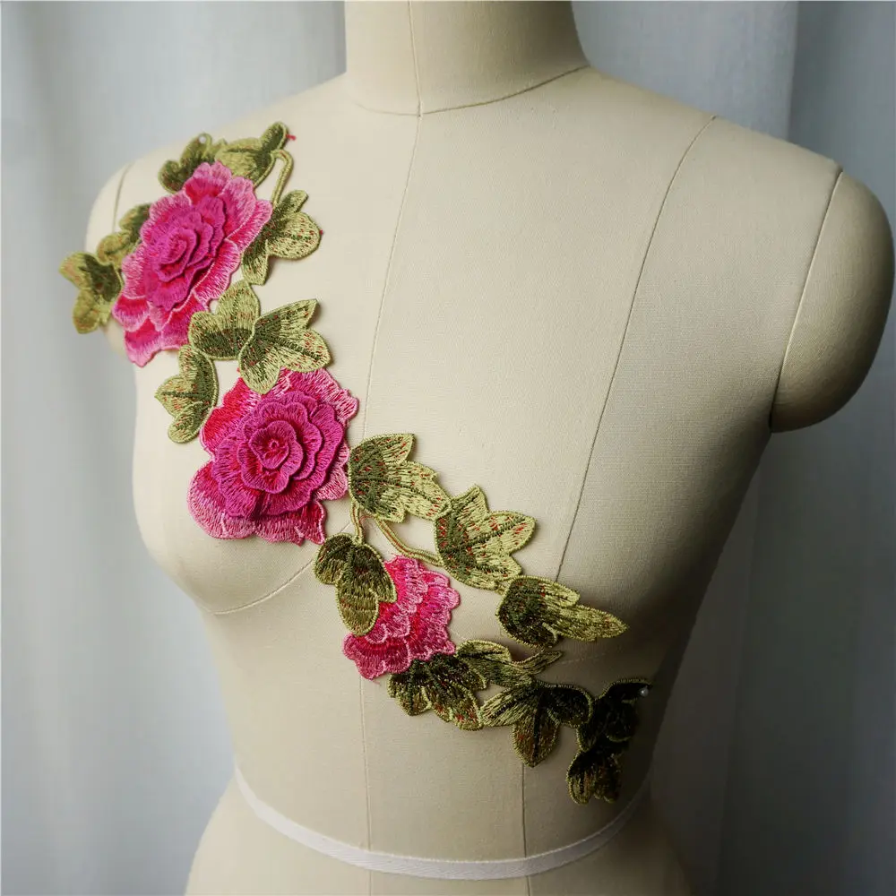 Розовый красный вышитый 3D цветок листья платье Аппликации кружевной ткани