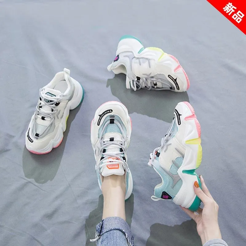 

2020 New Summer Women Sneakers Vulcanize Breathable Rainbow Color Fashion Casuals Height Increasing Female Chunky Ladies Shoe