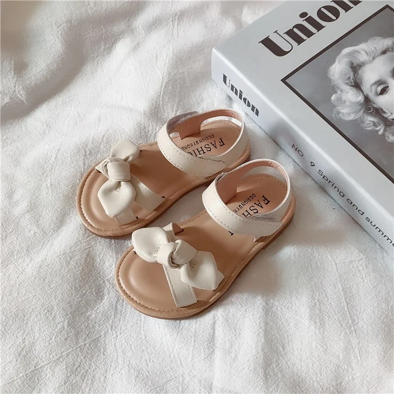 

Summer 2021 New Girls Open-toed Sandals Toddler Baby Solid Color Bowtie Soft-soled Princess Shoes Baby Beach Shoes