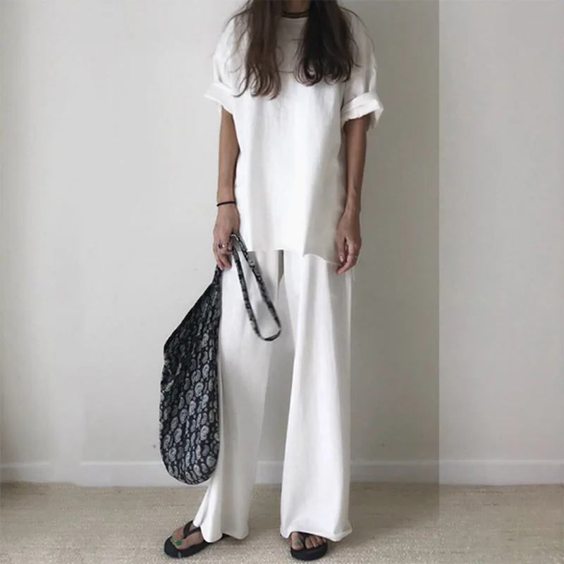 women solid color cotton short sleeves t shirt flared trousers pants woman casual suit two piece set Suit Sport yoga tracksuit | Женская