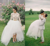beautiful long sleeve ball gown two pieces beach country wedding dresses 2019 robe de mariee high low lace bohemian bridal dress
