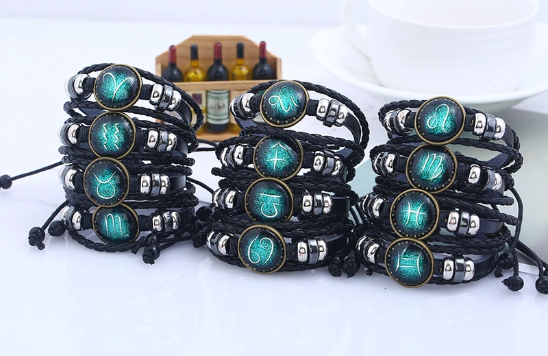 Мужской черный браслет с 12 созвездиями зодиака модный Gemini Стрелец плетеный