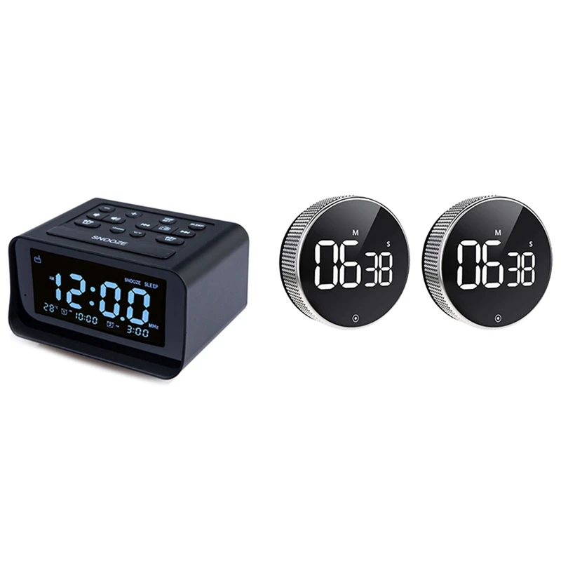 

1 Set Desktop LED Fm Radio Digital Alarm Clock With Sleep Timer & 1 Pcs Kitchen Timer,3.3Inch Led Display