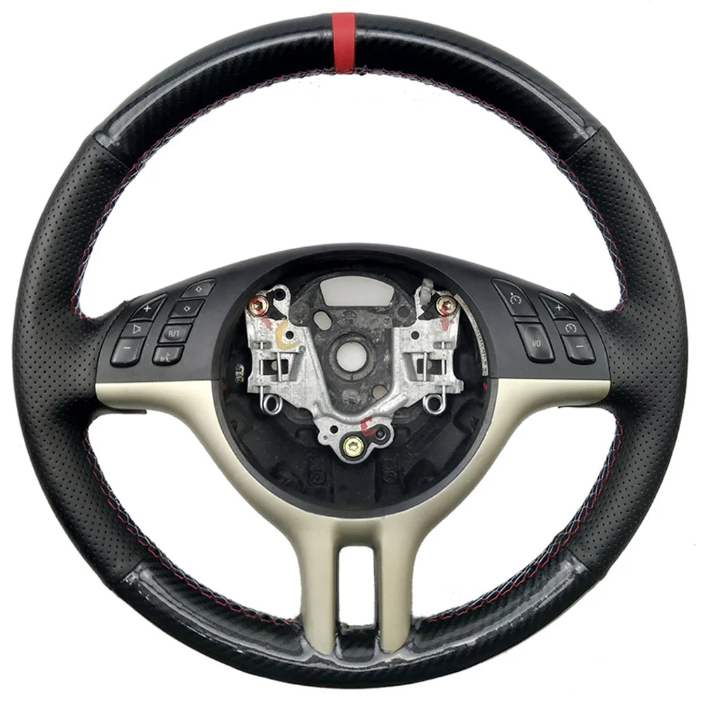 

DIY 5D Carbon Fiber & Black Hole Leather Sewing-on Steering Wheel Cover Exact Fit For BMW E39 E46 325i E53 X5