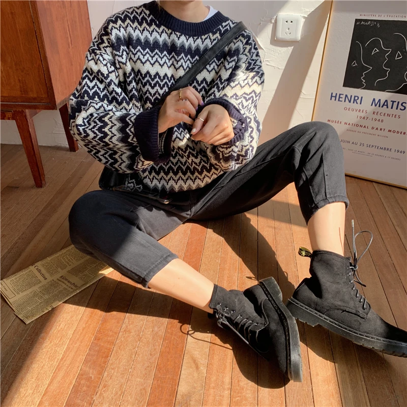 

Warm Winter Pullovers Batwing Sleeve Fall Knitted Tops Christmas Outwear 2020 New Women Vintage Striped Oversize Sweater O-Neck