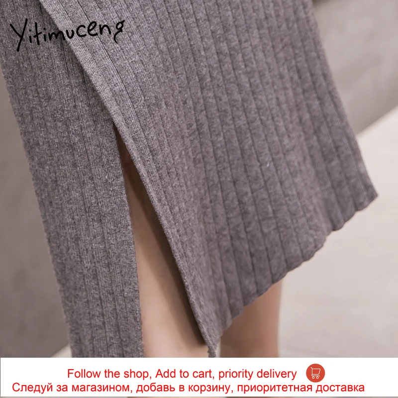 

yitimuceng new split skirts women 2020 ribbed knitting elastic high waist skirt A-line package hip stretch winter clothes women