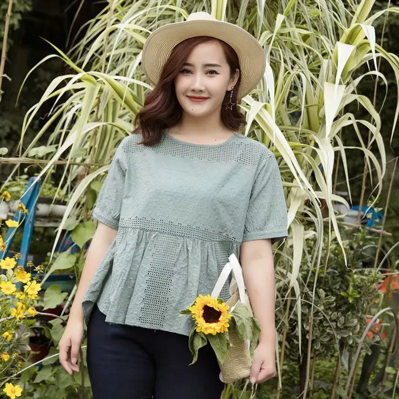 

Summer Women Red White Purple Green Cotton Peplum Blouses Round Neck Short Sleeve Hollow Out Design Cozy Top Plus Size Clothes