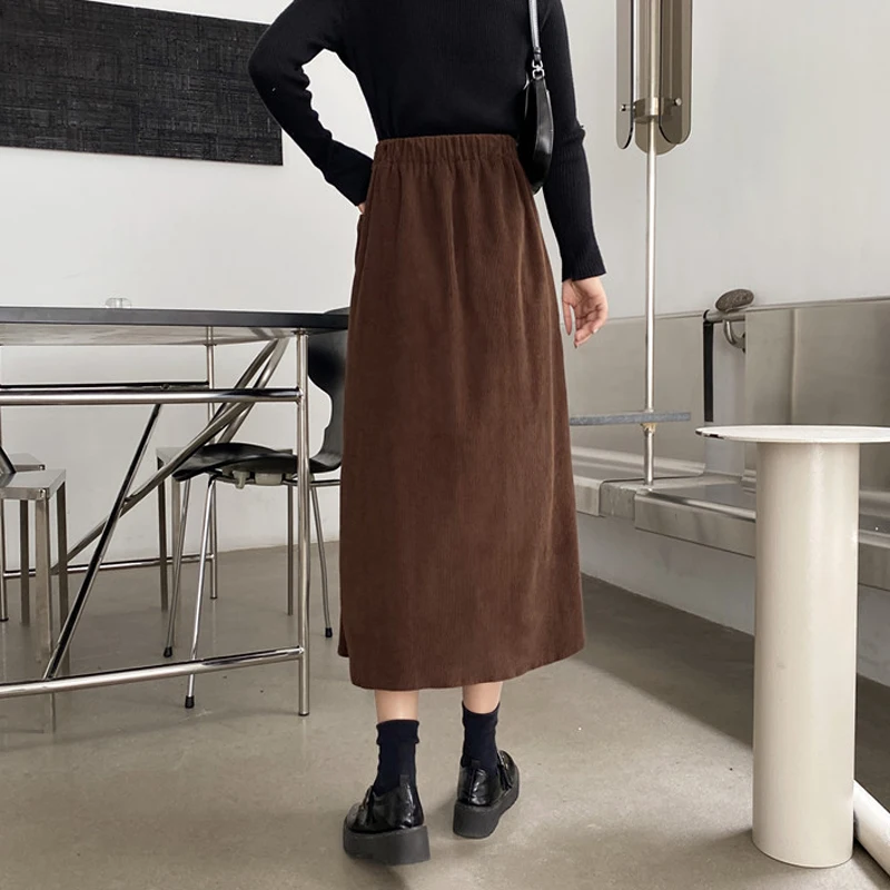 

Zoki Vintage Women Corduroy Skirt Elastic High Waist A Line Midi Skirt Winter Warm Loose Korean Pocket Female Faldas New 2021
