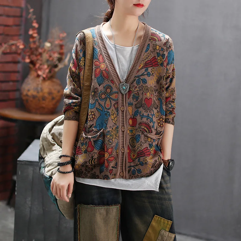 Вязаный кардиган для женщин Свободный длинный рукав с принтом | Женская одежда