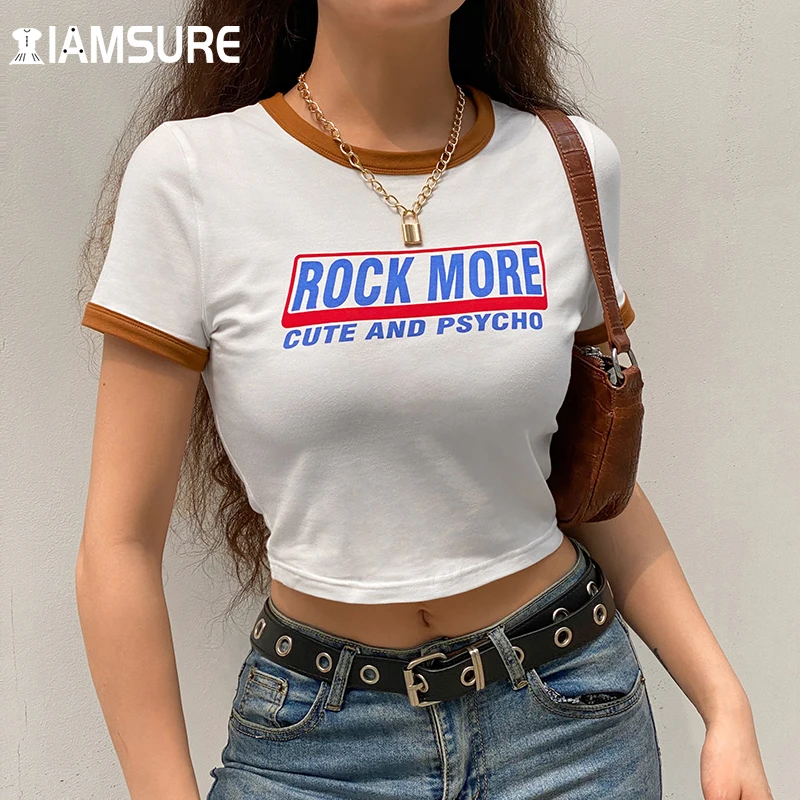 

IAMSURE Casual Character Print Tshirts Cool O-Neck Short Sleeve Crop Tops Women 2021 Fashion Summer Streetwear Preppy Style Tees