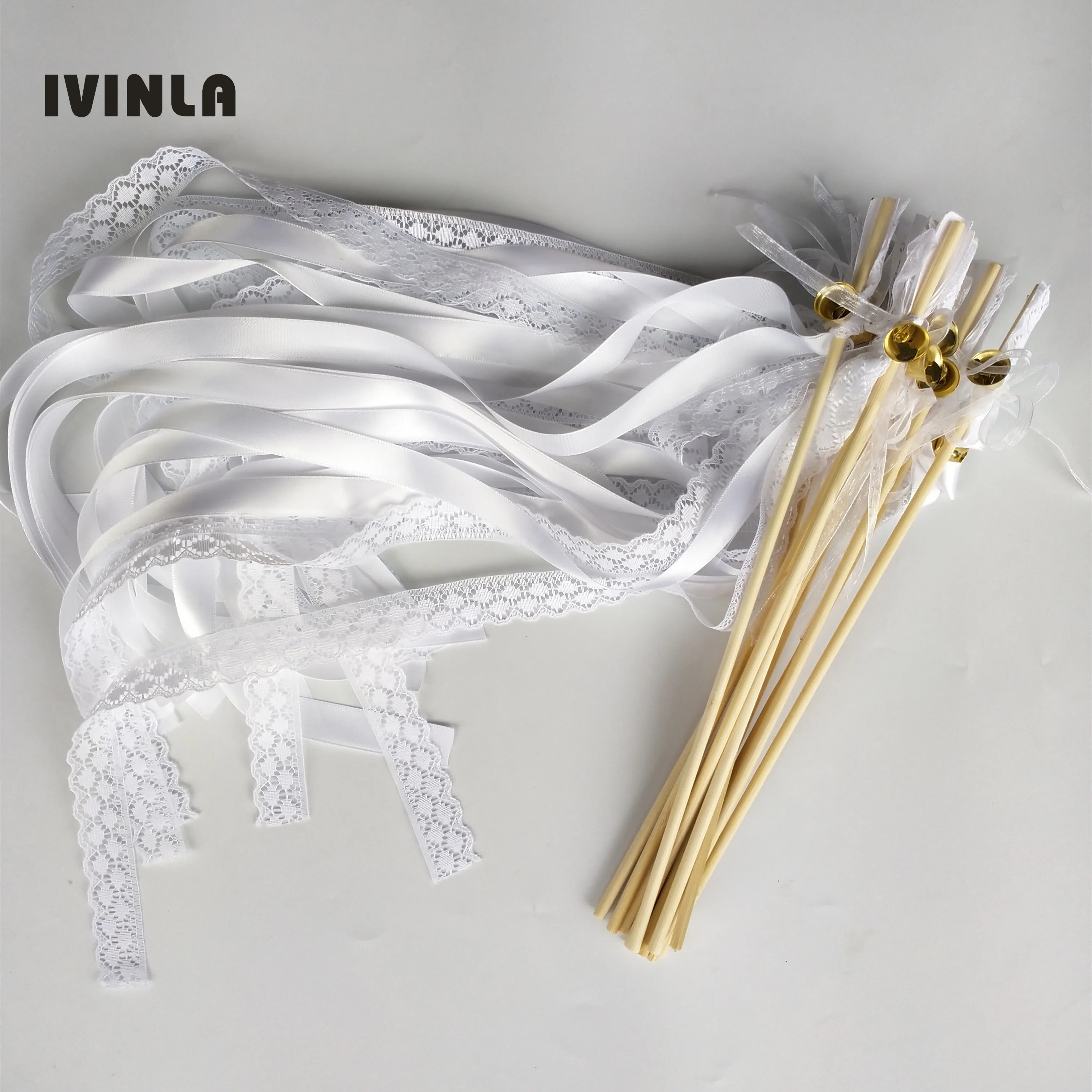 

50pcs/lot lace wedding ribbon wands with gold bell for wedding party