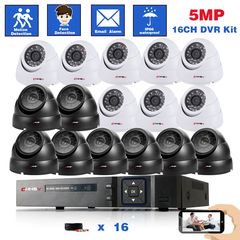 

CCTV DVR Home Security Camera System 16CH 5MP DVR Kit Outfdoor Night Vision Black Dome Camera Video Surveillance DVR System Set