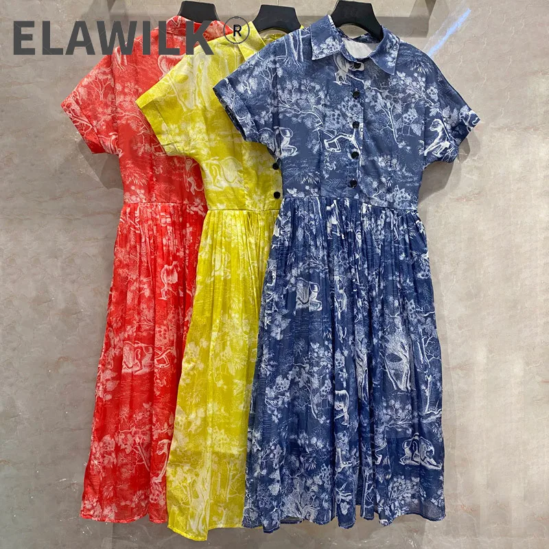 

Summer Runways Women's High quality print short sleeves Dress New Designer pleated dress C339