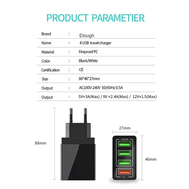 

Elough USB Charger EU US UK Quick Charge 3.0 Universal Fast Phone Charging adapter for iPhone Xiaomi Redmi Poco USB Wall Charger