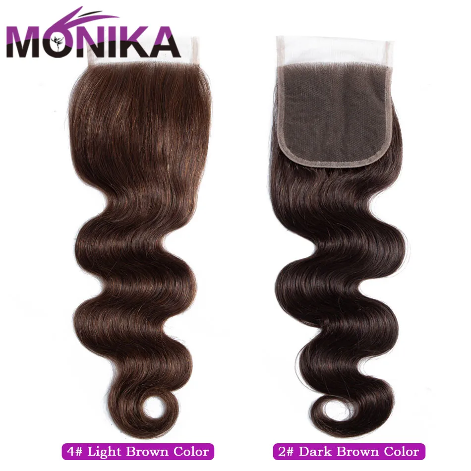 Monika закрытие волос 2#4# коричневые волосы бразильские объемные волнистые волосы 4x4 швейцарское кружево Закрытие не Remy Закрытие человеческих волос