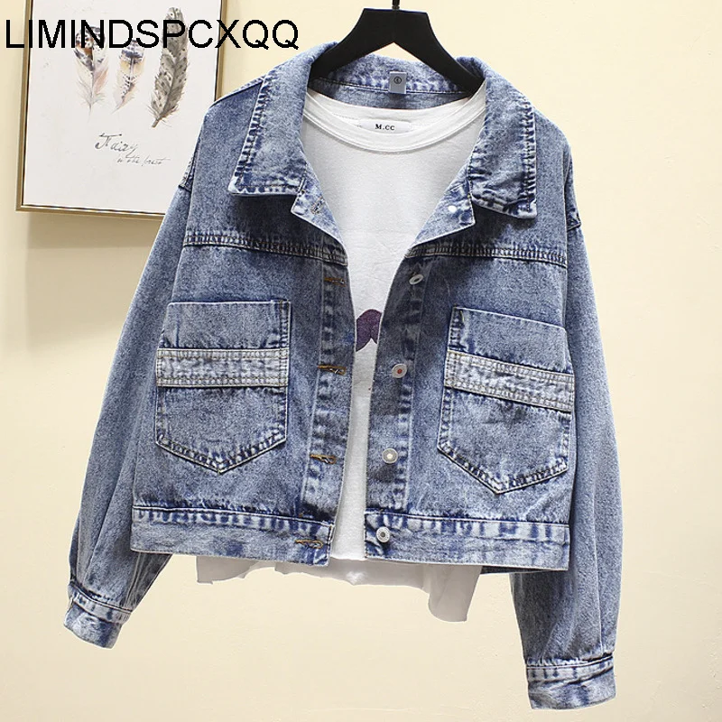 

Kurtka Damska Wiosenna 2021 Harajuku Korean Short Ladies Denim Jacket Fashion Bat Sleeve Lapel Blue Slim Jean Coats Clothes New