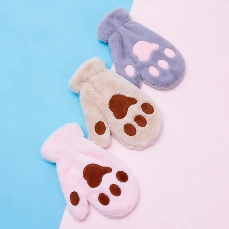 Женские зимние плюшевые перчатки с медведем кошачьими лапами и когтями милые