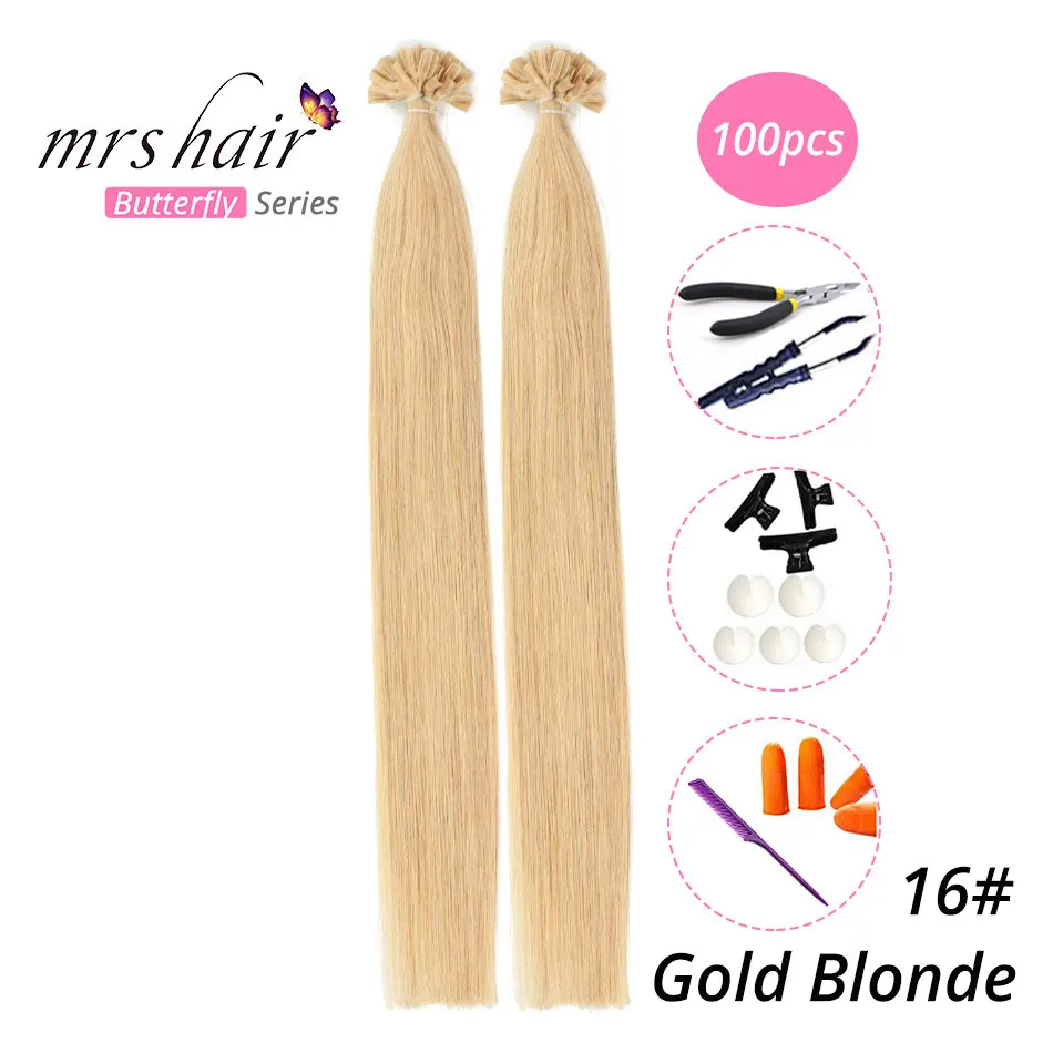 MRS HAIR, 1 г/шт., 14 дюймов, 16 дюймов, 20 дюймов, 24 дюйма, накладные волосы, прямые волосы Remy Nail, кератиновые человеческие волосы, 50 шт - Цвет: KUT16-100