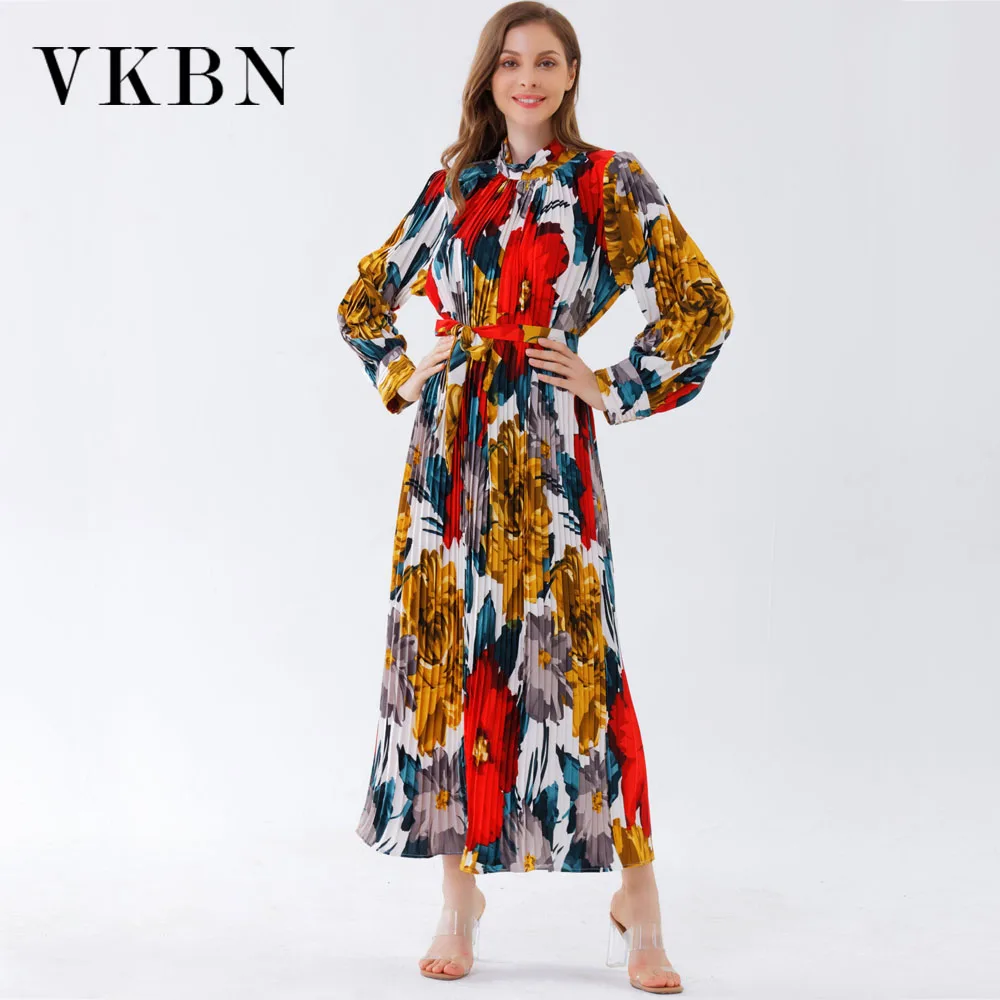 

VKBN Summer Dress Women Casual Printing Ruched Fabric Pullover Turtleneck Full Sleeve Party Elegant Maxi Dress Fashion