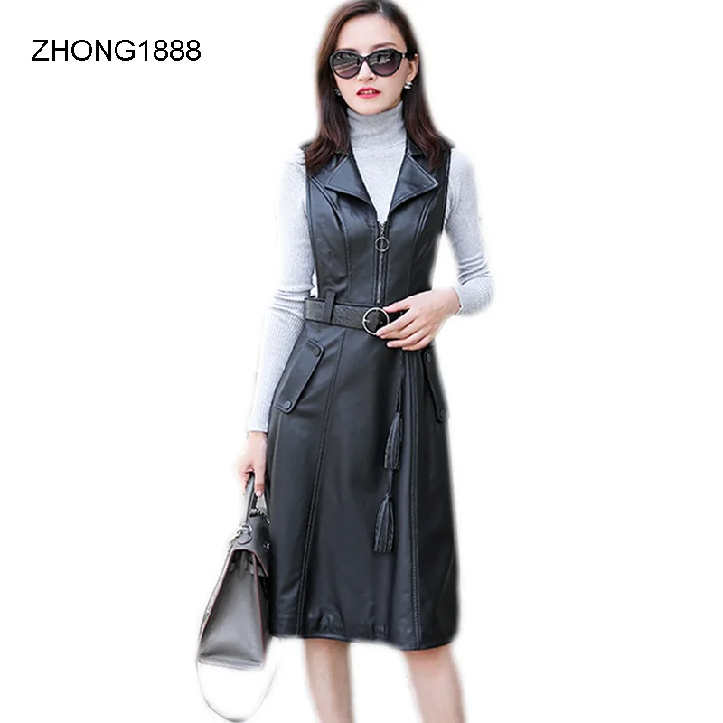 

New 2020 autumn and winter sheepskin dress mid-length women's suit collar sleeveless leather vest skirt