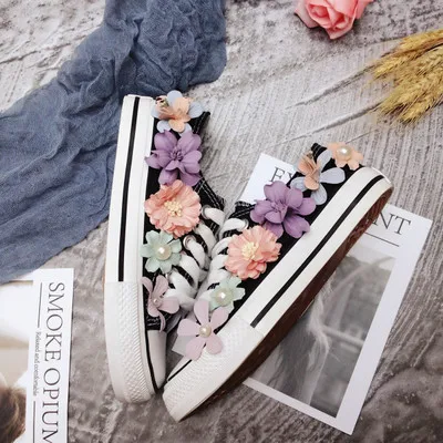 

Sneakers flat with canvas shoes women's casual shoes women's handmade custom stereo sequins flowers flat vulcanized shoes