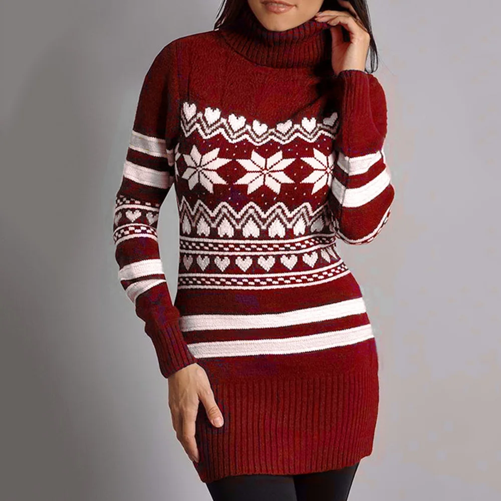 

Christmas Listing Women Knits Sweater Autumn Winter Long Sleeve Mid-length Patchwork Strip Printing Slim Pullover Women Tops