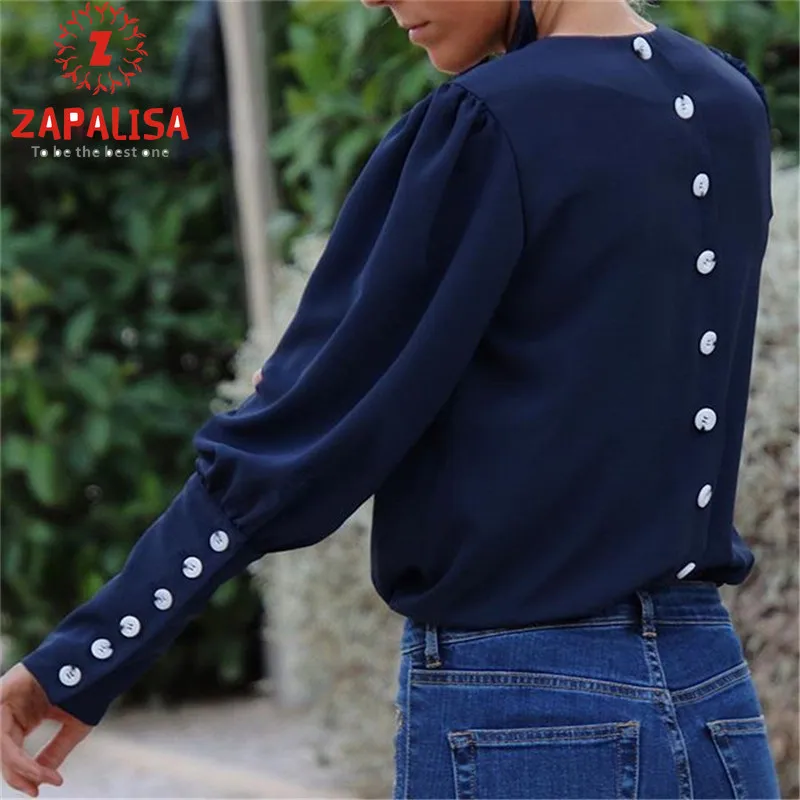 

Fashion Women Solid Color T-Shirts Back Single-Breasted Design V-Neck Long Puff Sleeve Spring Autumn Casual Loose Thin Top