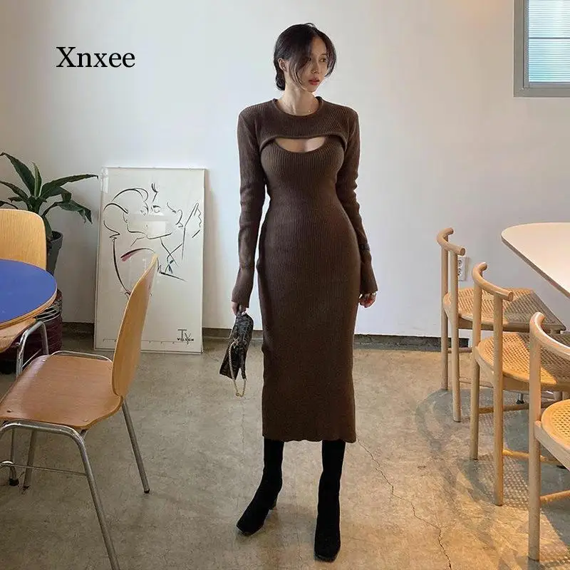 

Fashion Women Dress Cotton Slim Sexy Hollow Ladies Solid Dresses Skinny Basic Mid-Calf Fall Bodycon Dress Vestidos Clothing