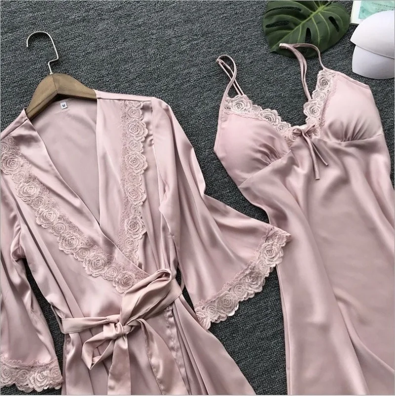 Pajama Set Women Lace Trim Satin Sleepwear Pyjamas Pour Femme Summer Nightwear With skirt Casual Home Wear Kimono Robe Gown PJS