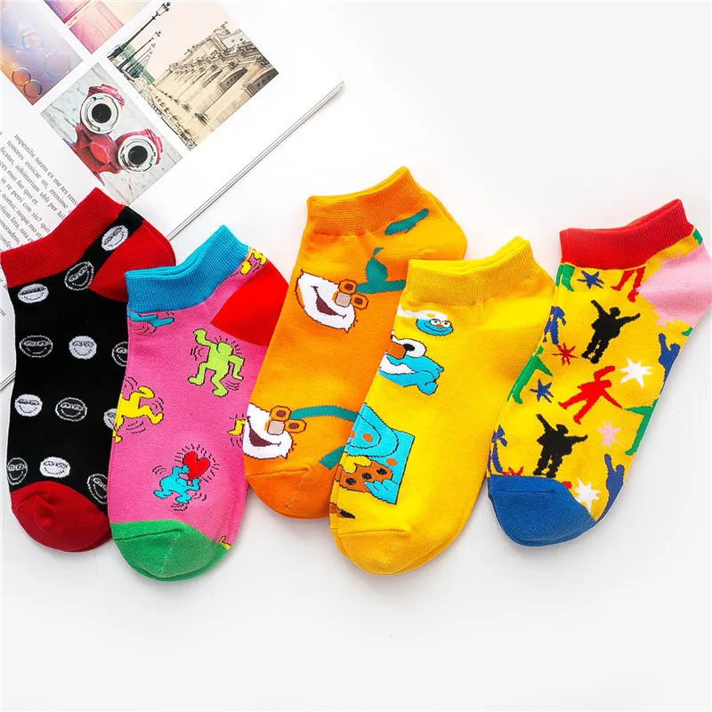 5 Pairs Women's Socks Fashion Hip Hop Funny Cat Dog Beer Maple Leaf Pigeon Printed Happy Color Sox Mens Size 36-43 Wholesale | Женская