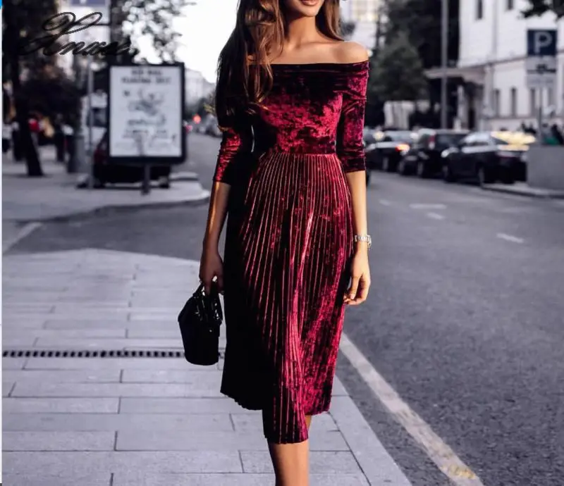 

Xnxee 2020 new one-shoulder pleated four-quarter sleeve dress