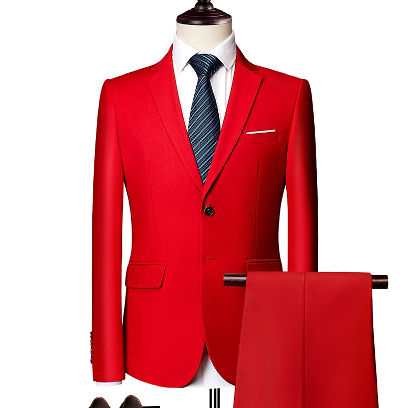 red 2 pieces Однотонные мужские формальные костюмы Модный деловой Повседневный Банкетный мужской костюм пиджак+ жилет+ брюки размер 6XL 2/3 шт костюмы для свадьбы - Цвет: red 2 pieces